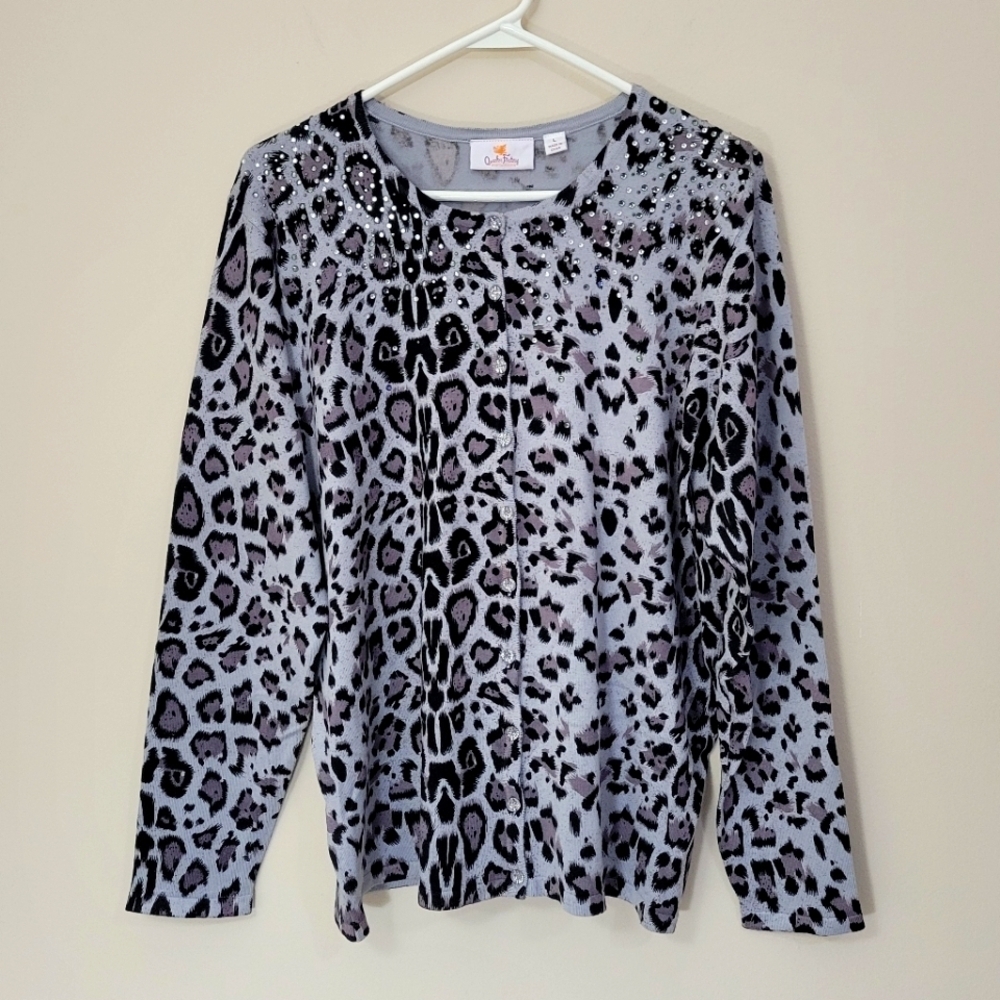 Quaker Factory Gray Black Leopard Print Cardigan Sweater Size L